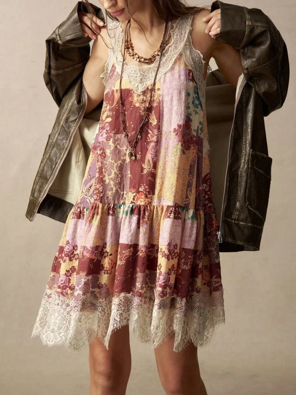 Multicolor Boho Women's Floral Print Contrast Lace Hem Sleeveless Short Dress